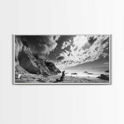 Howling Dog, Seaside Cliffs, Cloudy Sky, Wild Beach, Canvas Print, Nature Animal Art, Rustic Fall Wall Decor, Entryway Accent, Bedroom Wall Art