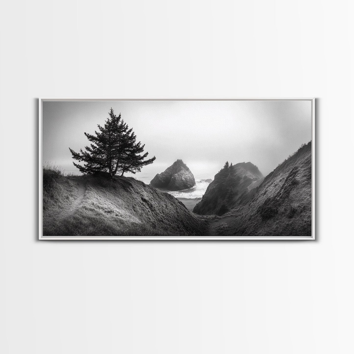 Coastal Cliff Scene, Evergreen Ocean Landscape, Pacific Northwest View, Framed Canvas Print, Nature Inspired Wall Art, Minimalist Decor