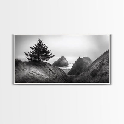 Coastal Cliff Scene, Evergreen Ocean Landscape, Pacific Northwest View, Framed Canvas Print, Nature Inspired Wall Art, Minimalist Decor