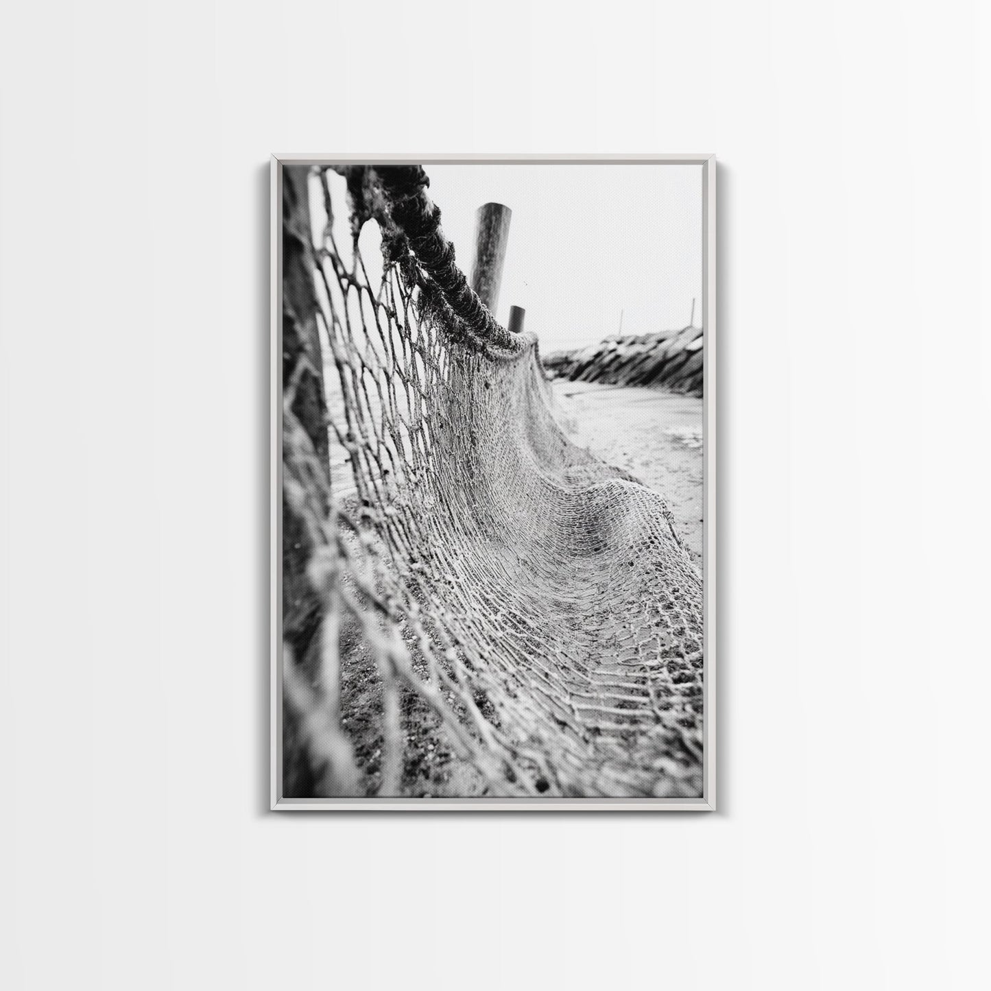 Coastal Net, Beach Texture, Nautical Vibe, Ocean Fence, Framed Canvas Print, Bathroom Wall Art, Coastal Cottage Style, Monochrome Beach Art