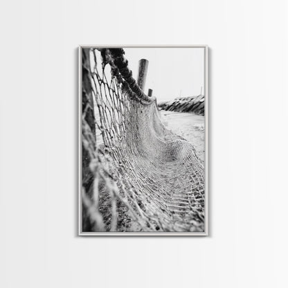 Coastal Net, Beach Texture, Nautical Vibe, Ocean Fence, Framed Canvas Print, Bathroom Wall Art, Coastal Cottage Style, Monochrome Beach Art