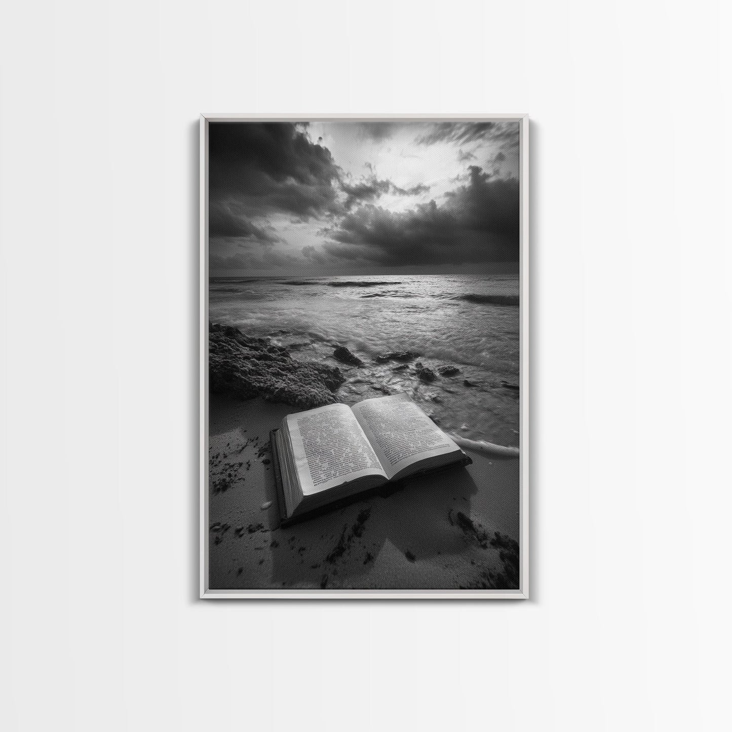 Book Beach Twilight, Reading By Ocean, Literary Seascape, Canvas Print, Study Wall Art, Moody Literary Art, Minimalist Coastal Decor