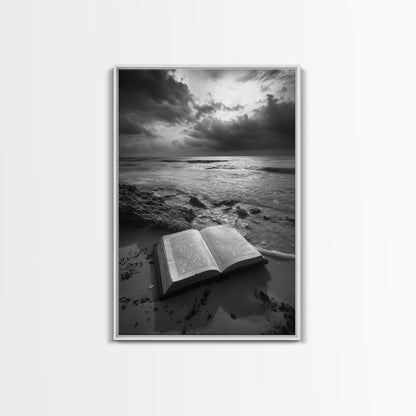 Book Beach Twilight, Reading By Ocean, Literary Seascape, Canvas Print, Study Wall Art, Moody Literary Art, Minimalist Coastal Decor