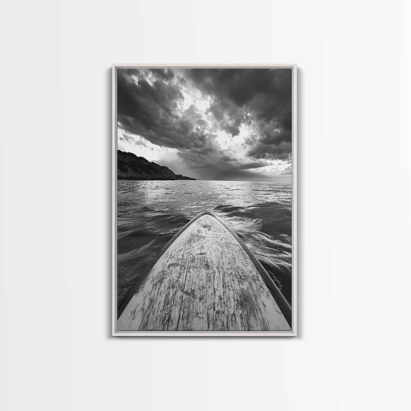 Stormy Sea, Paddle Board, Dramatic Sky, Ocean Adventure, Framed Canvas Print, Den Wall Art, Nautical Minimalist Decor, bedroom wall art