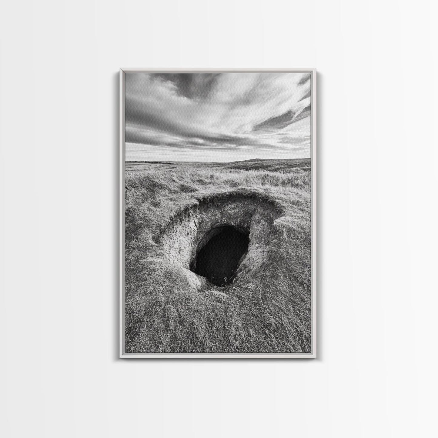 Burrow Entrance, Hidden Hole, Grassland Tunnel, Canvas Print, Nature Wall Art, Living Room Decor, Black White Landscape Photography