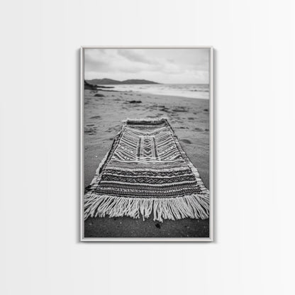 Woven Rug Beach, Bohemian Escape, Textile Texture, Black and White Canvas Print, Boho Bedroom or Yoga Studio Wall Decor