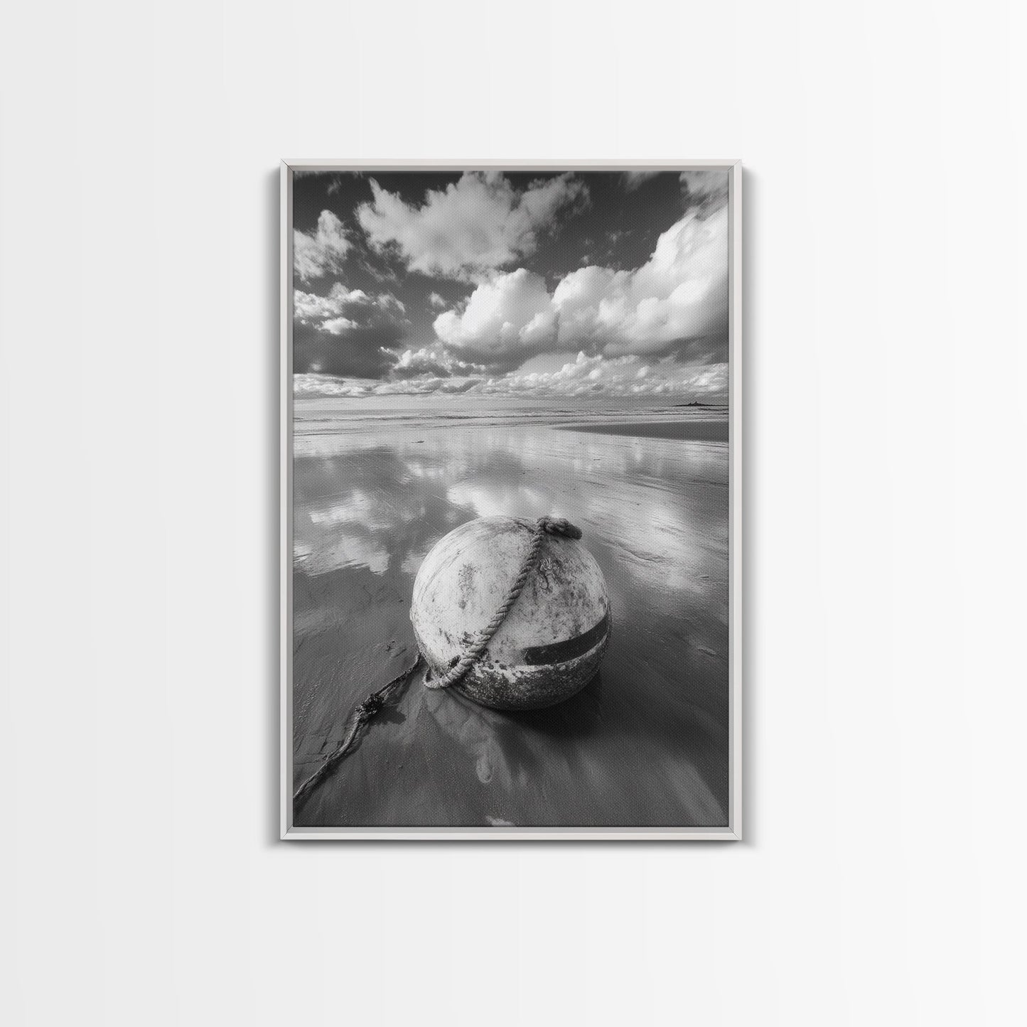 Washed buoy shore, coastal solitude, beach reflections, nautical simplicity, Framed Canvas Print, guest room art, seaside rustic wall decor