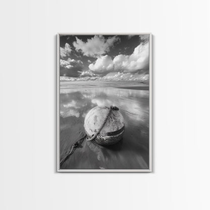 Washed buoy shore, coastal solitude, beach reflections, nautical simplicity, Framed Canvas Print, guest room art, seaside rustic wall decor
