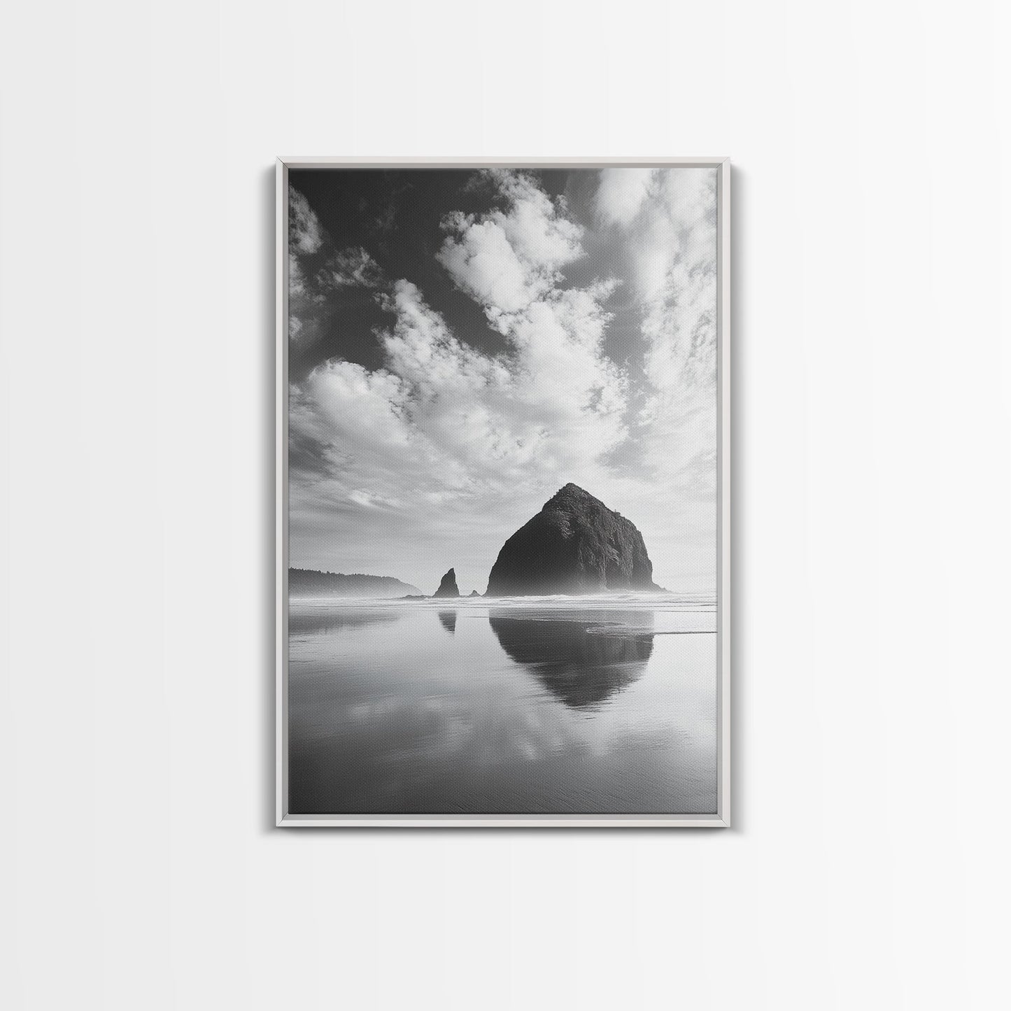 Iconic sea stack, Oregon coast art, tranquil reflections, dramatic clouds, Canvas Print, bedroom wall art, modern coastal minimalist decor