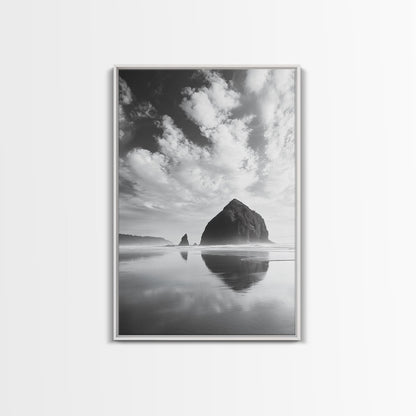 Iconic sea stack, Oregon coast art, tranquil reflections, dramatic clouds, Canvas Print, bedroom wall art, modern coastal minimalist decor