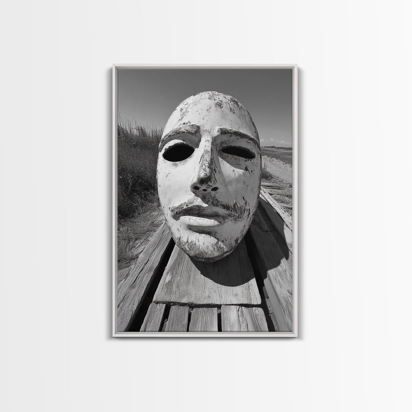 Weathered Mask, Coastal Surreal, Driftwood Dream, Canvas Print, Abstract Wall Art, Rustic Home Decor, Boho Artistic Style