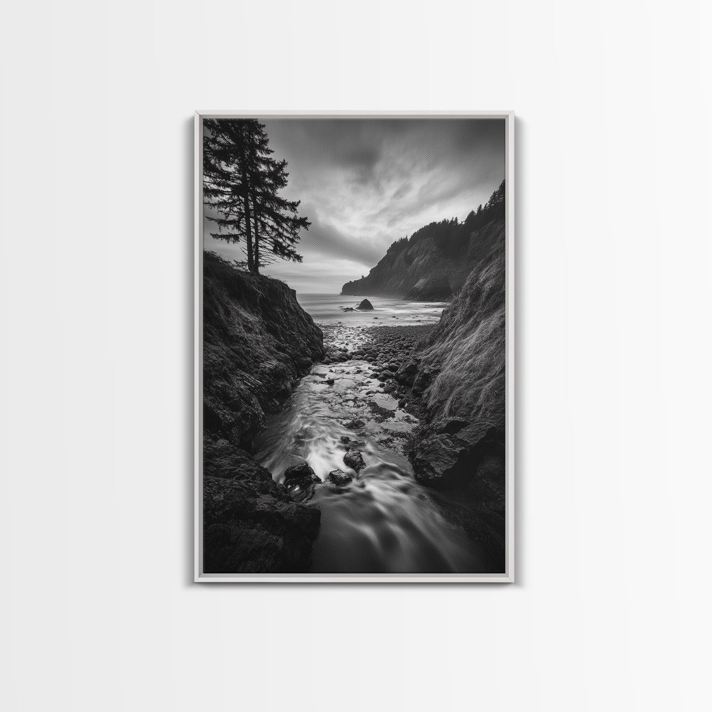 River Meets Sea, Forest Coast, Rugged Beauty, Sunset Flow, Canvas Print, Nature Wall Art, Moody Living Room Landscape