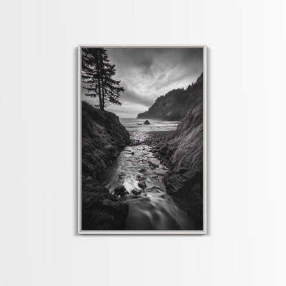 River Meets Sea, Forest Coast, Rugged Beauty, Sunset Flow, Canvas Print, Nature Wall Art, Moody Living Room Landscape