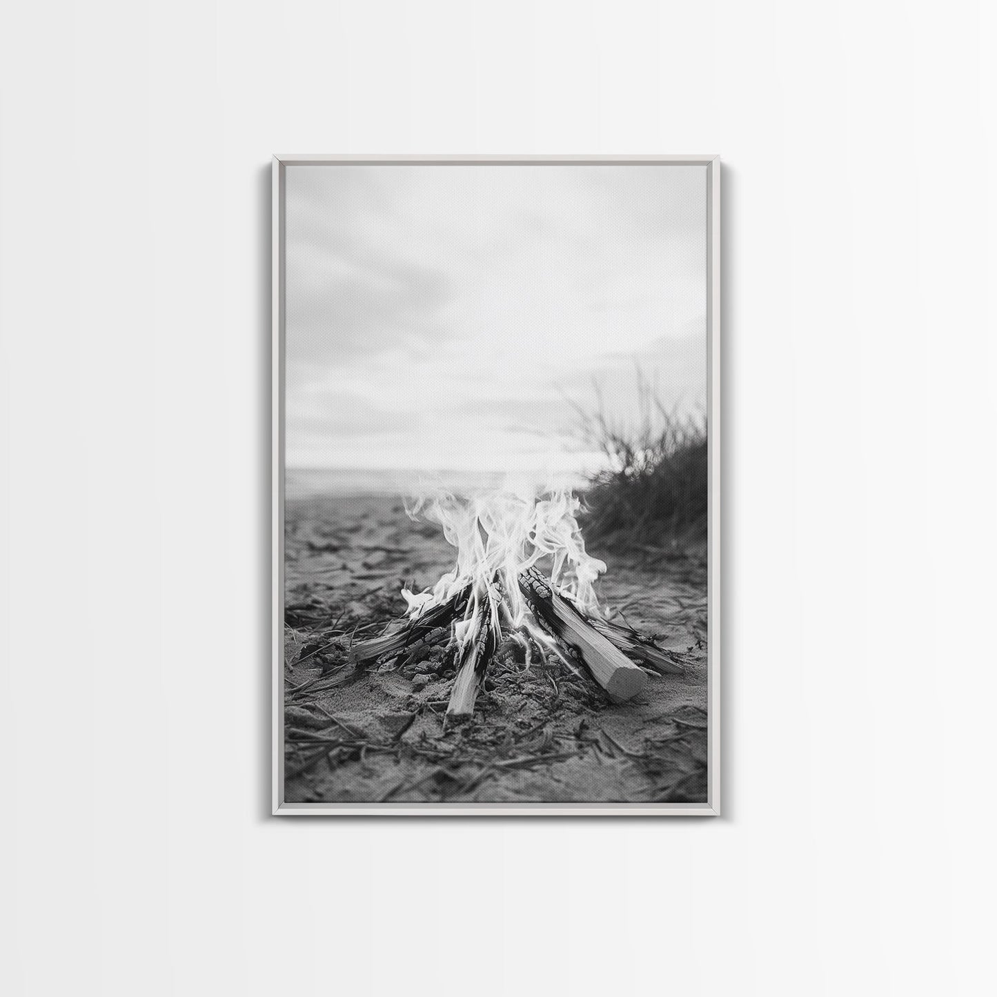 Campfire, Beach, Smoke, Glow - Cozy outdoor scene with flickering flame, Canvas Print, perfect rustic cabin or camping decor, Autumn Wall Art