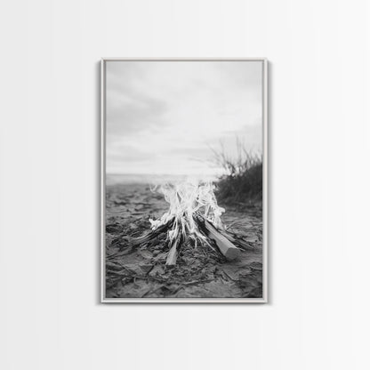 Campfire, Beach, Smoke, Glow - Cozy outdoor scene with flickering flame, Canvas Print, perfect rustic cabin or camping decor, Autumn Wall Art