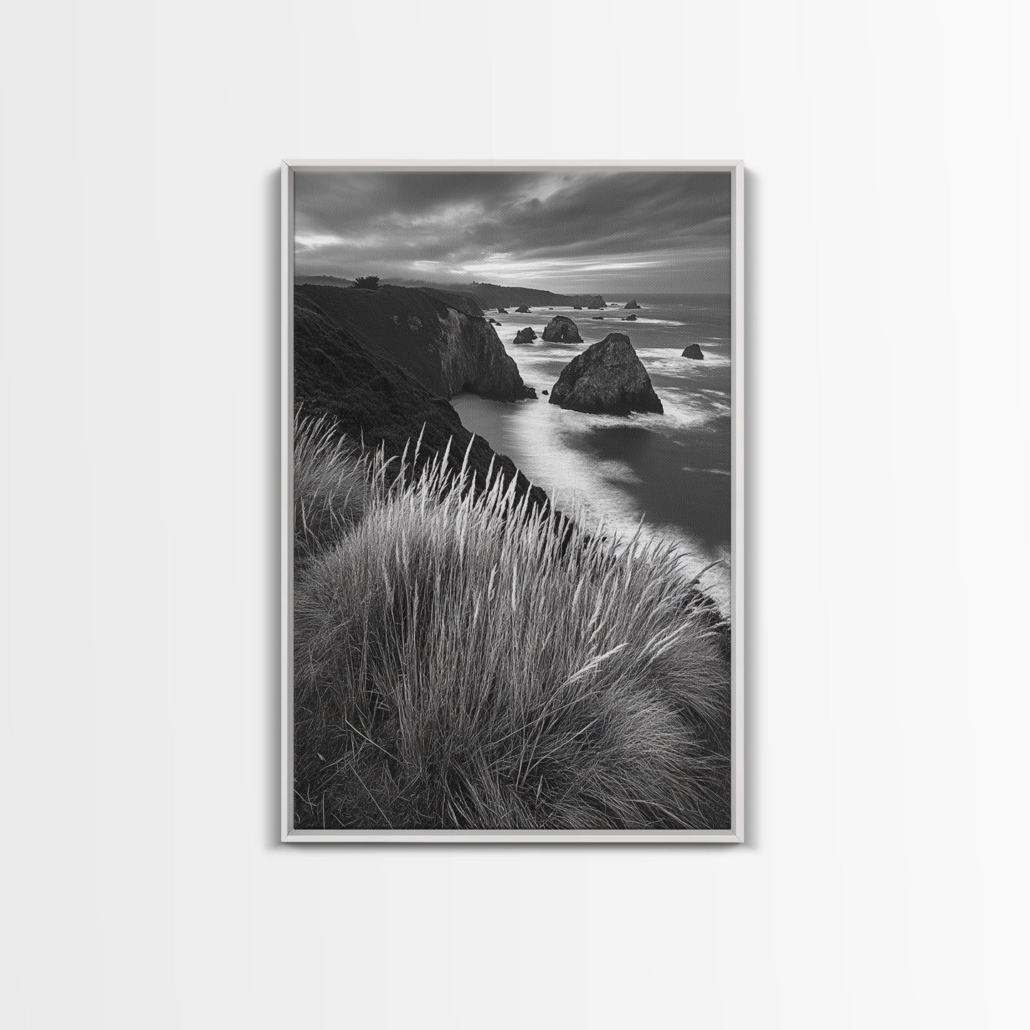 Coastal Cliffs, Ocean Rocks, Tall Grass, Canvas Print, Windswept Landscape Art, Beach House Wall Decor, Monochrome Nature Scene