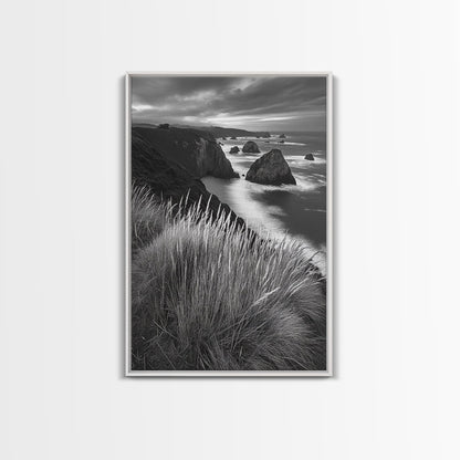 Coastal Cliffs, Ocean Rocks, Tall Grass, Canvas Print, Windswept Landscape Art, Beach House Wall Decor, Monochrome Nature Scene
