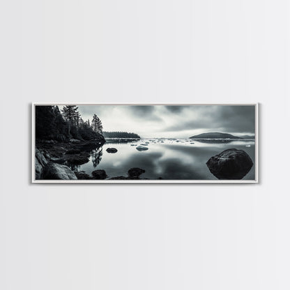 Arctic Shore, Ice Reflections, Northern Coastline, Framed Canvas Print, Moody ocean art, Coastal decor, Living room wall art, Monochrome nature