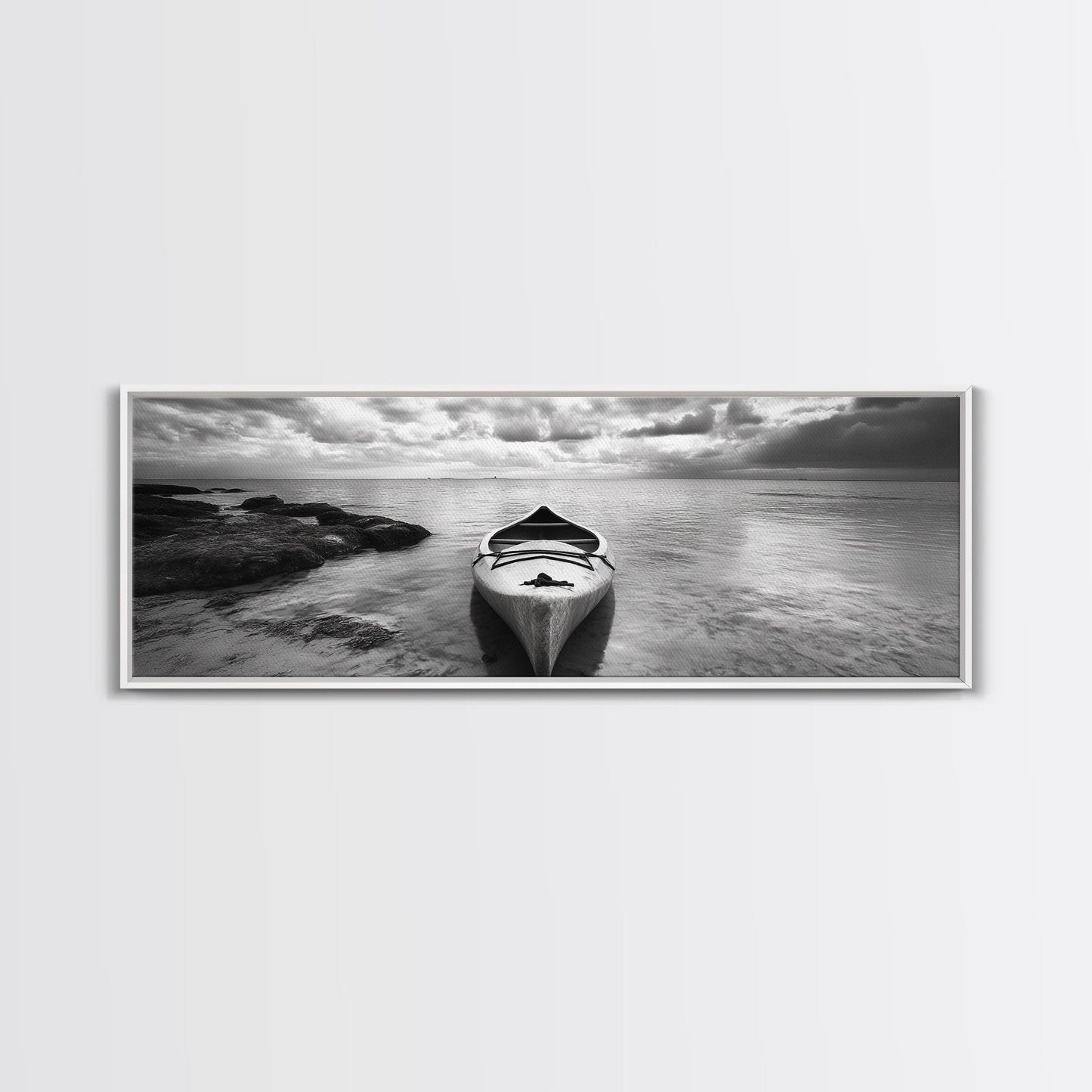 Canoe at Shore, Calm Waters, Peaceful Escape, Framed Canvas Print, Adventure art, Lakehouse decor, Hallway wall piece, Monochrome nature