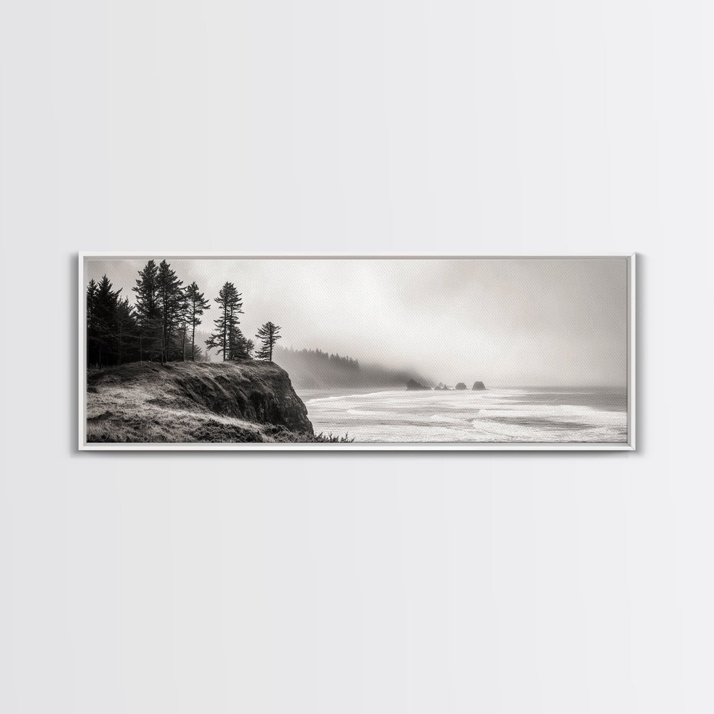 Foggy Pines, Ocean Horizon, Coastal Landscape, Moody Beach Scene, Canvas Print, Bedroom Wall Art, Rustic Cabin Decor, Nature Photography