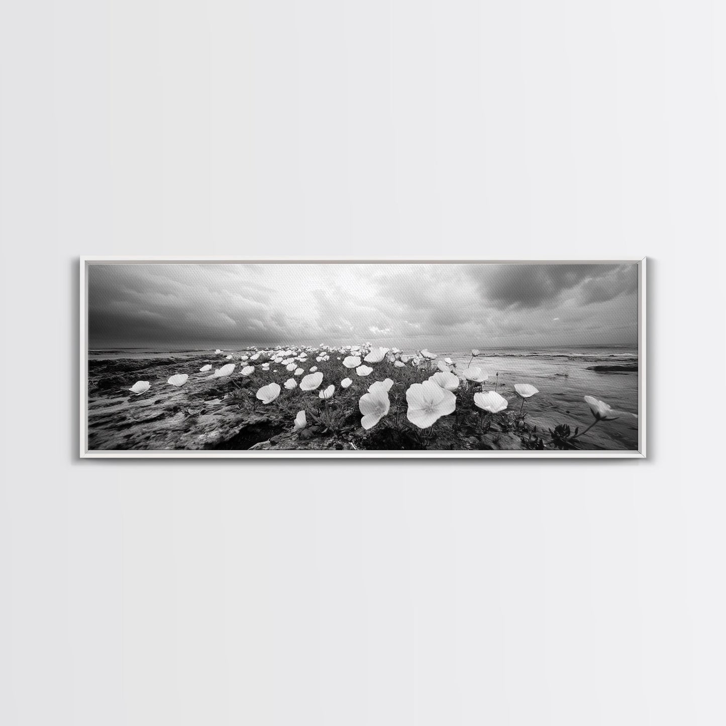 Wild Coastal Flowers, Seaside Blooms, Ocean Flora, Romantic Nature, Framed Canvas Print, Botanical Wall Art, Bathroom Decor, Soft Earth Tones