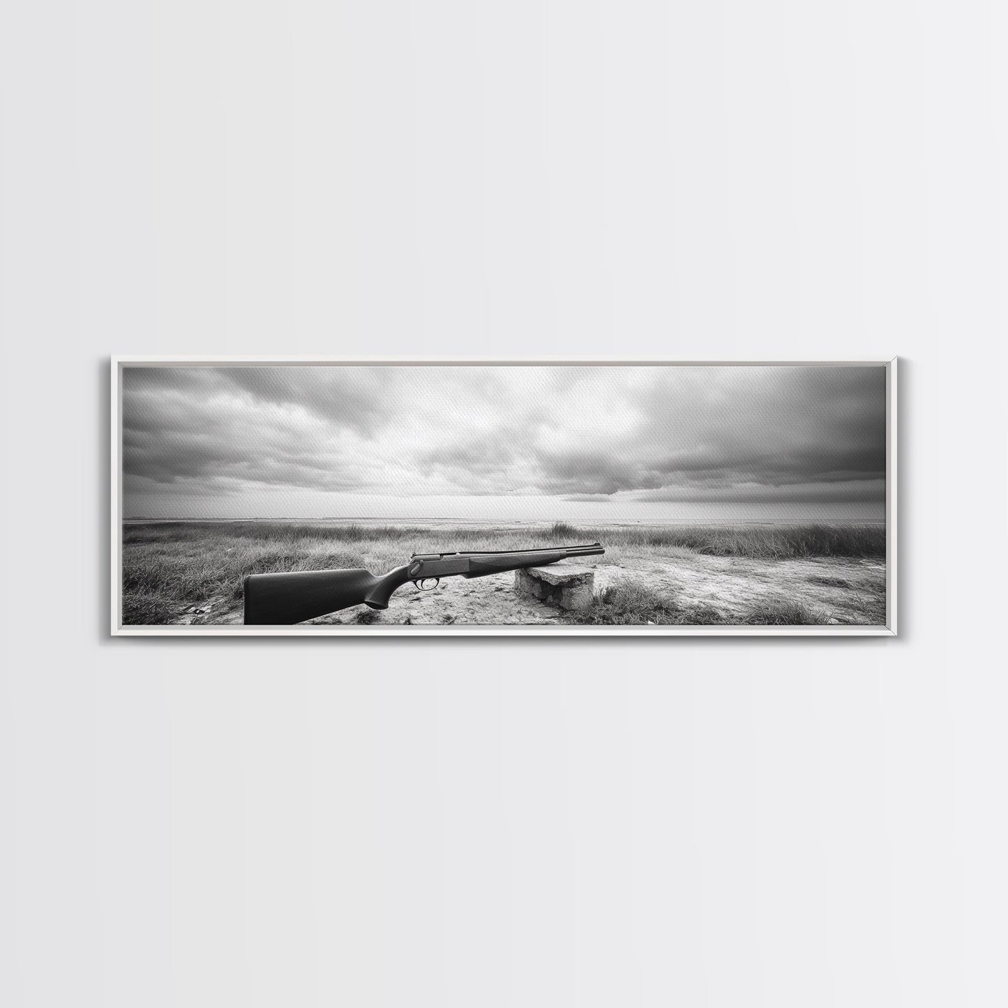 Coastal Rifle Scene, Outdoorsman Decor, Field and Sky Black and White Framed Canvas Print, Autumn Cabin or Lodge Wall Art