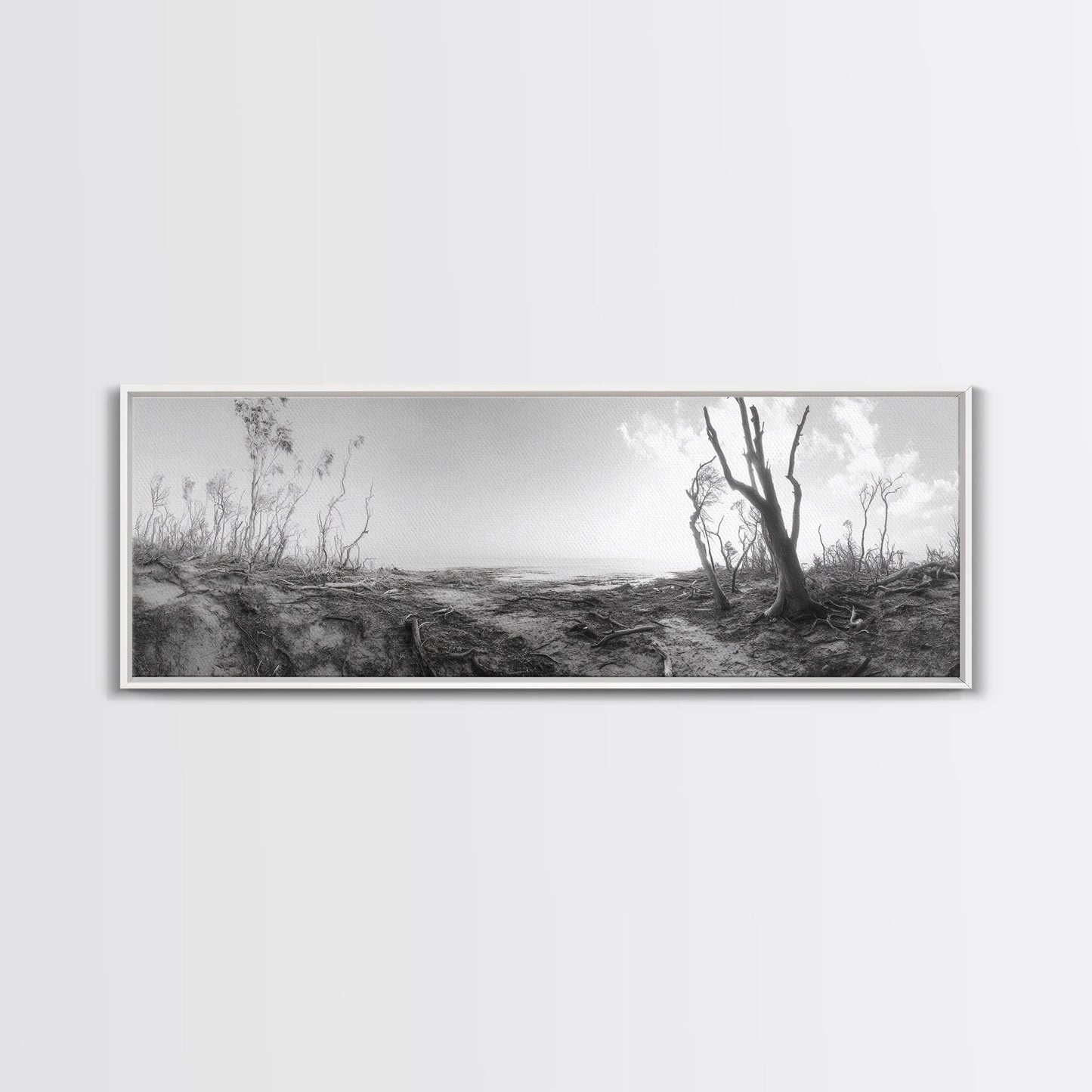 Windswept Coastal Trees, Driftwood Beach Landscape, Black White Canvas Print, Autumn Wall Art, Nature-Inspired Living Room Decor