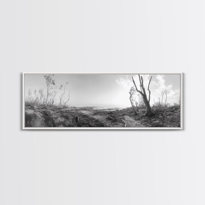Windswept Coastal Trees, Driftwood Beach Landscape, Black White Canvas Print, Autumn Wall Art, Nature-Inspired Living Room Decor