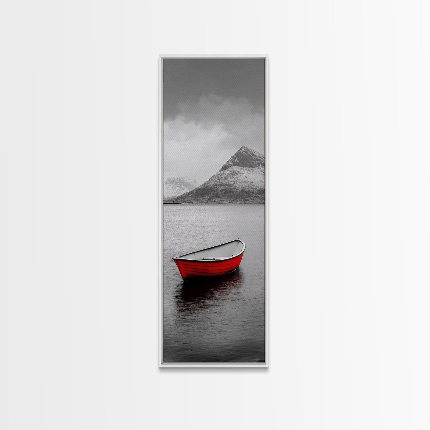 Red Boat, Serene Waters, Mountain Reflection, Winter Landscape – Framed Canvas Print, Minimalist Wall Art, Bedroom Decor, Nature Tranquility