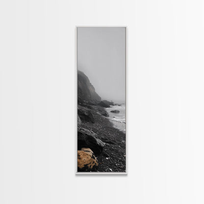 Foggy Cliffs, Coastal Rocks, Moody Ocean Photography, Canvas Print, Minimalist Seascape, Bathroom Decor, Calm Gray Tones, Nature Print