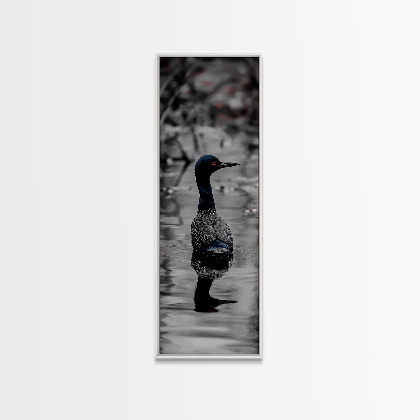 Blue Loon, Water Reflection, Elegant Bird, Lake Life Framed Canvas Print, cabin decor, nature wall art, minimalist bird art, office wall art
