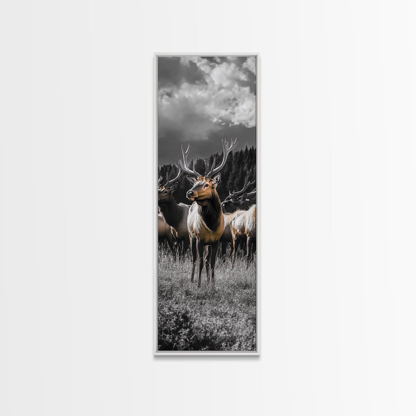 Majestic Elk, Forest Wildlife, Autumn Scene, Nature Herd, Framed Canvas Print, rustic lodge decor, cabin wall art, woodland style