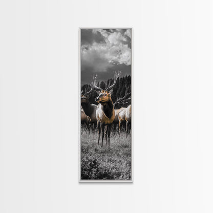 Majestic Elk, Forest Wildlife, Autumn Scene, Nature Herd, Framed Canvas Print, rustic lodge decor, cabin wall art, woodland style