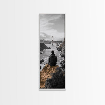 Golden Gate, Solitude View, Man on Cliff, Iconic Bridge, Framed Canvas Print, Travel Wall Art, Office Inspiration, Moody Coastal Decor