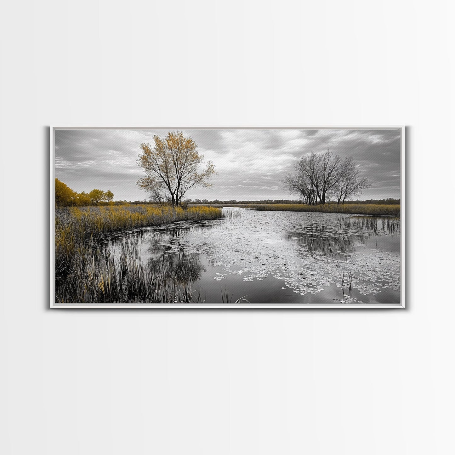 Lily Pond Trees, Serene Reflection, Autumn Landscape, Calm Water Scene, Framed Canvas Print, Nature Wall Art, Fall Living Room Decor