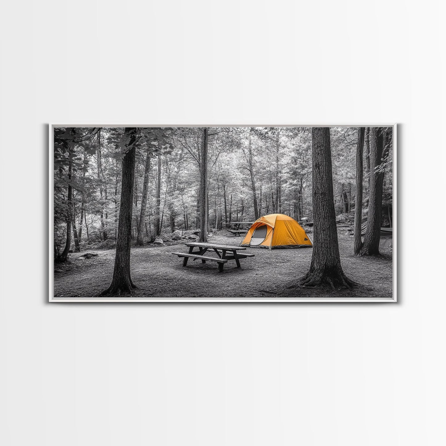 Yellow Tent, Forest Camping, Wilderness Escape, Outdoor Living, Framed Canvas Print, Fall Bedroom Art, Minimalist Nature, Hiking Vibes