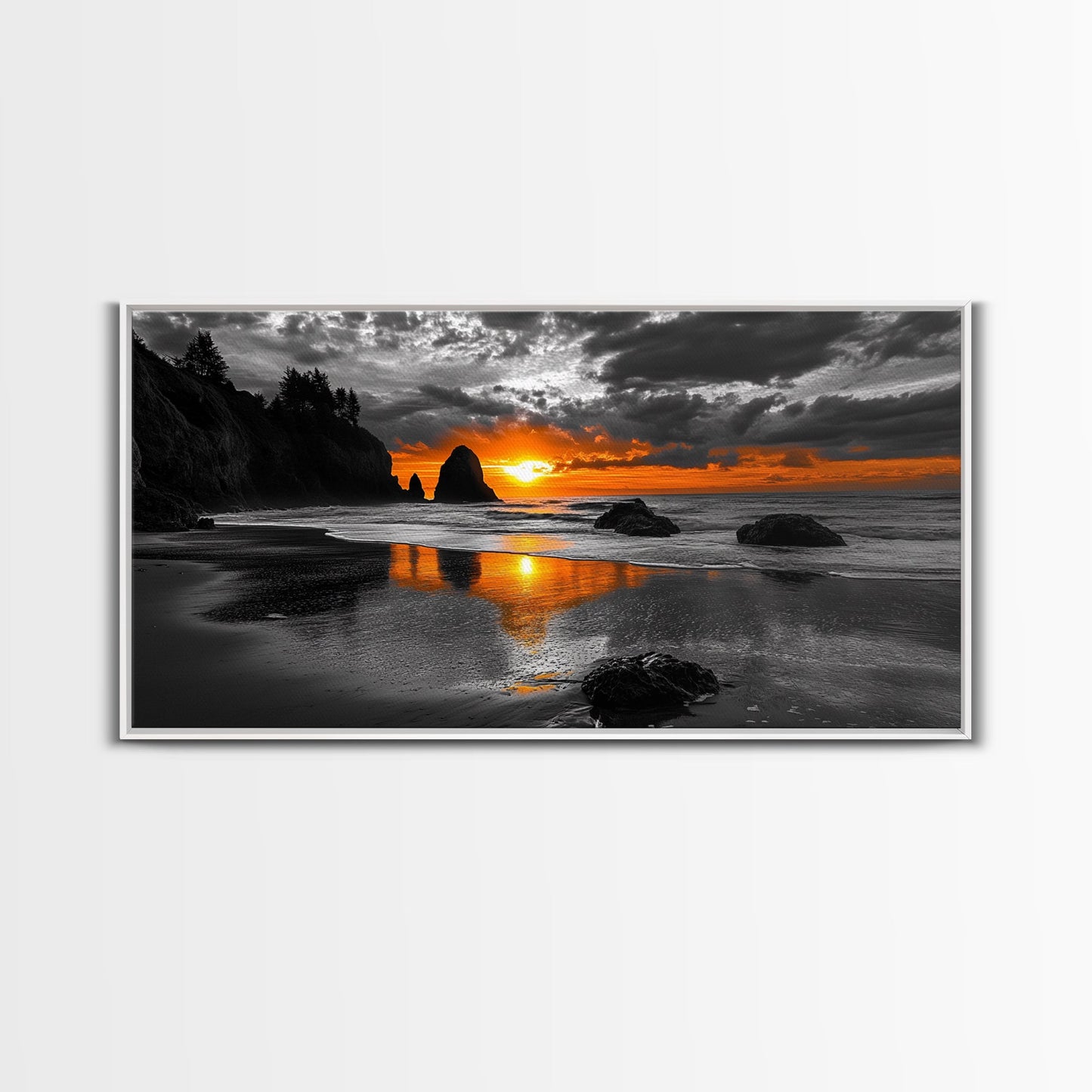 Sunset Beach, Fiery Sky, Ocean Glow, Moody Seascape, Framed Canvas Print coastal living room wall art, dramatic sunset photography