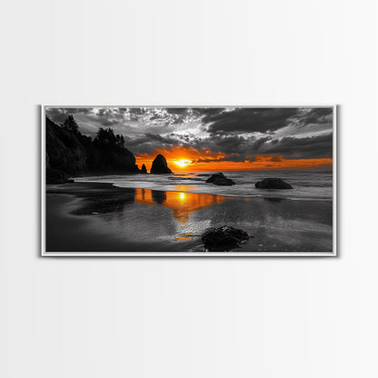 Sunset Beach, Fiery Sky, Ocean Glow, Moody Seascape, Framed Canvas Print coastal living room wall art, dramatic sunset photography