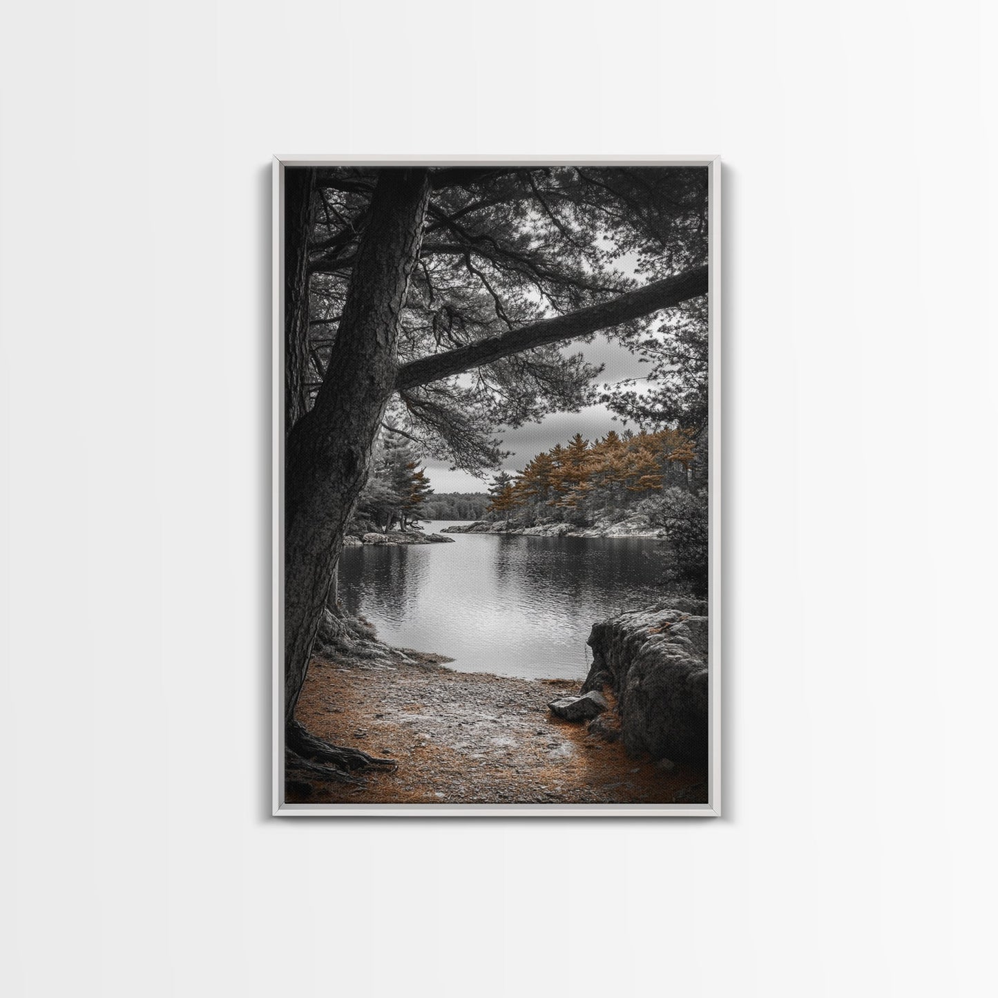 Autumn Forest Lake, Nature Photography, Scenic Landscape, Canvas Print, Rustic Cabin Decor, Neutral Tones, Bedroom Wall Art, Outdoor Art