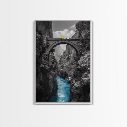 Canyon Bridge, Blue River, Yellow Figure, Framed Canvas Print, Bold Color Photography, Dramatic Landscape, Office Statement Art