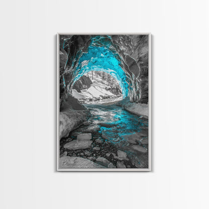 Blue Ice Cave, Winter Tunnel, Arctic Wonderland, Framed Canvas Print, Nature Wall Art, Minimalist Photography, Cool Tone Decor