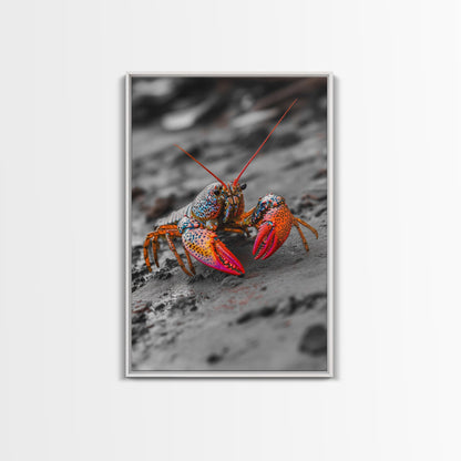 Colorful Lobster, Beach Wildlife, Close-Up Macro Art, Framed Canvas Print, Kitchen Wall Art, Coastal Marine Decor, Vibrant Style