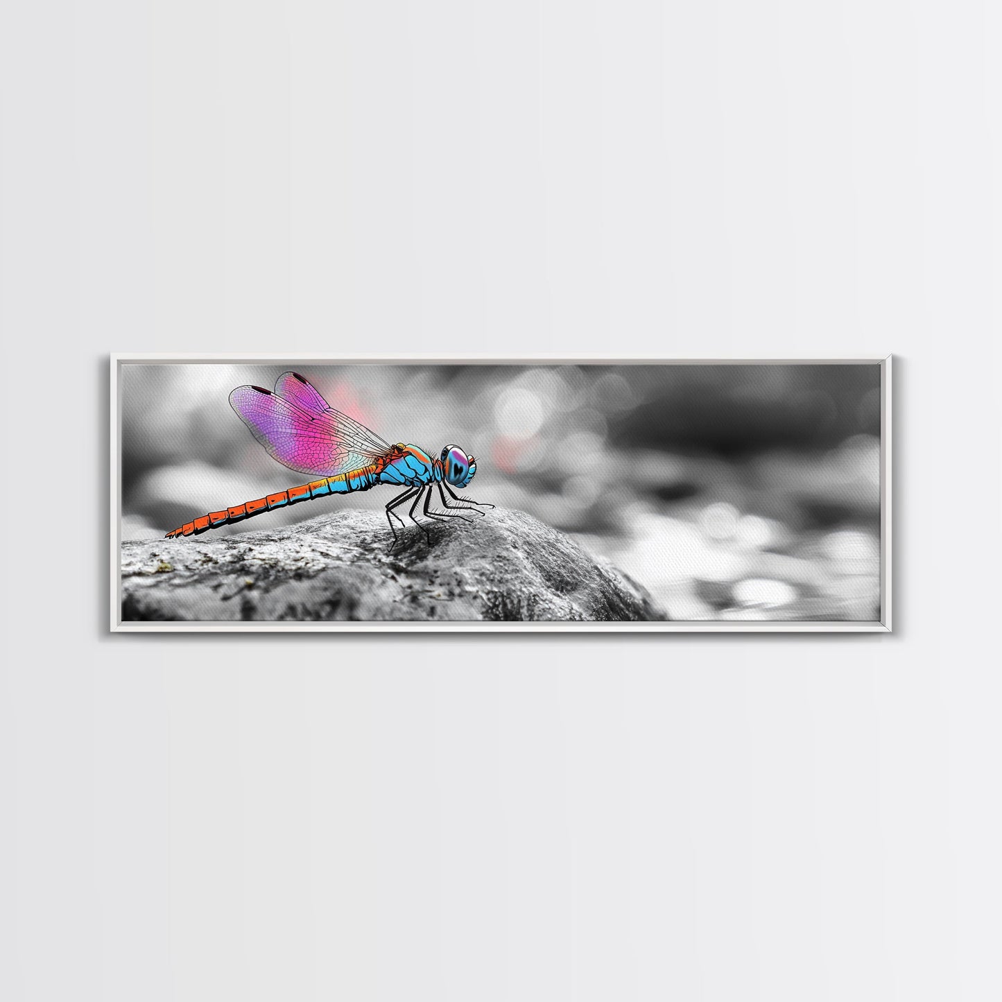 Neon Dragonfly, Nature Insect, Color Burst, Macro Beauty — Framed Canvas Print, Modern Boho Art, Bedroom Wall Art, Nature Photography