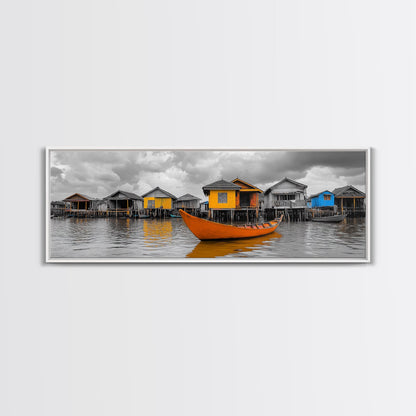 Colorful House Boats, Yellow Stilt Village, Framed Canvas Print, Vibrant Coastal Wall Art, Travel Photography, Living Room Accent Decor