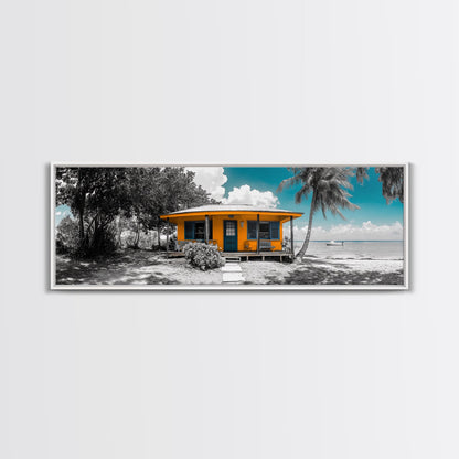 Beach House, Tropical Paradise, Yellow Cabin, Oceanfront View, Framed Canvas Print, Living Room Wall Art, Coastal Home Aesthetic