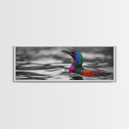Colorful Loon, Rainbow Feathers, Water Splash, Unique Wildlife, Framed Canvas Print, Bathroom Wall Art, Eclectic Style, Birdwatcher Gift