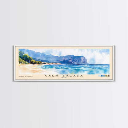 Cala Salada, Spain Watercolor Beach Print, Vacation Gift, Spain Wall Art, Framed Canvas Print, Framed Beach Painting