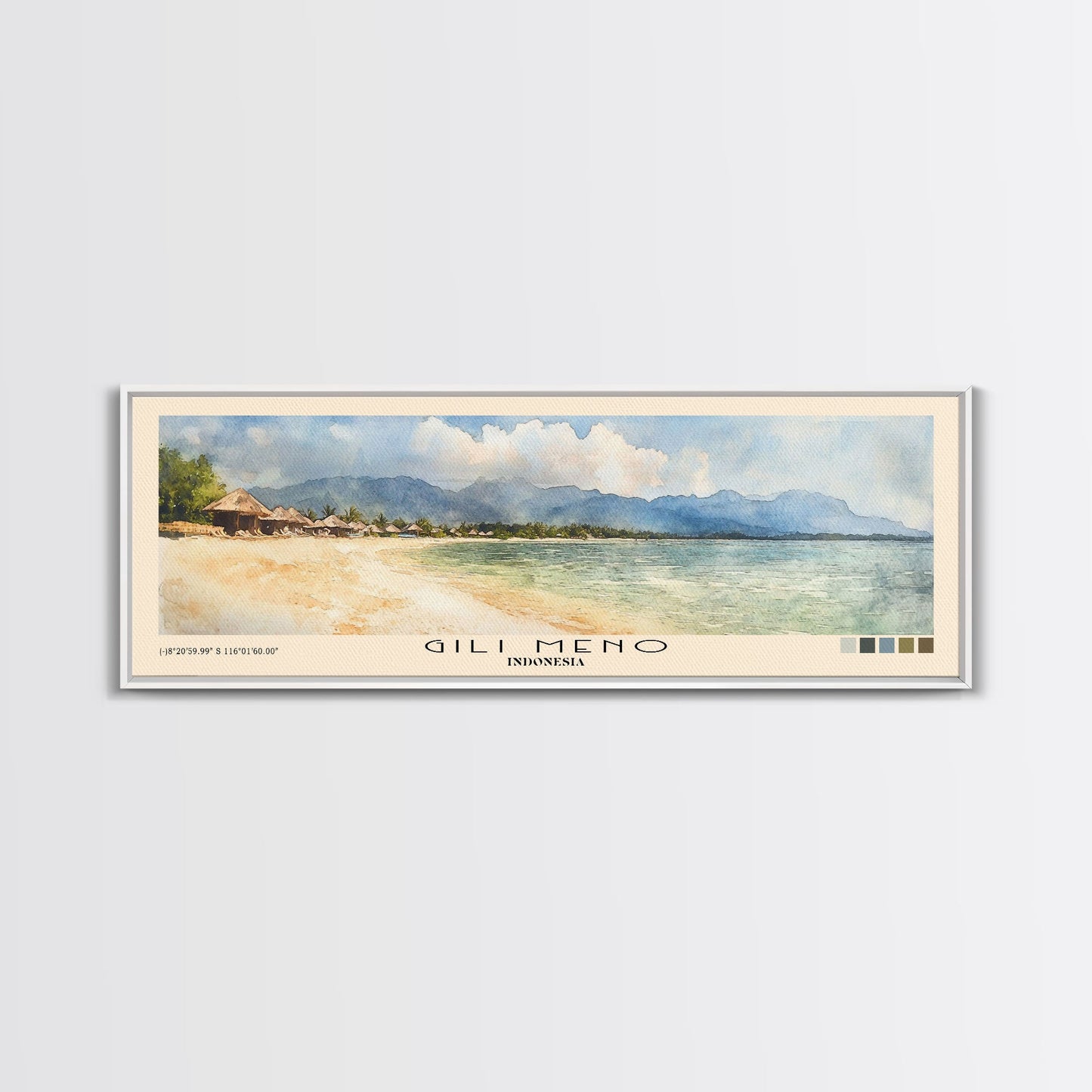 Gili Meno, Indonesia Watercolor Print, Vacation Gift, Indonesia Wall Art, Beach Painting, Beach Decor, Large Wall Art, Wood Frame Art