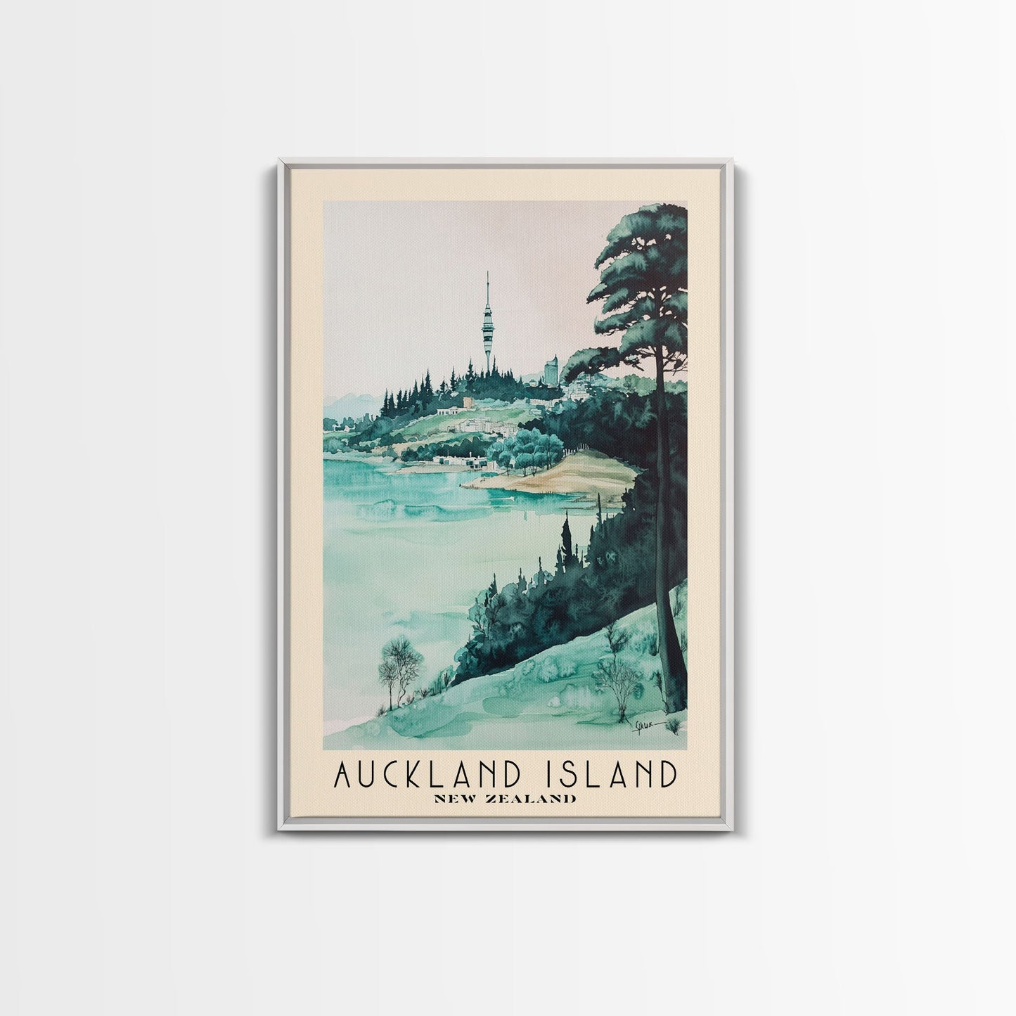 Auckland Island, New Zealand Watercolor Print, Vacation Gift, New Zealand Wall Art, Beach Painting, Beach Decor, Large Wall Art, Wood Frame Art