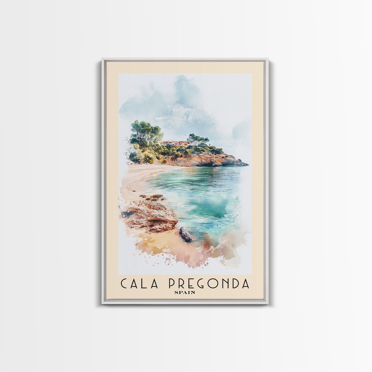 Cala Pregonda, Spain Watercolor Print, Vacation Gift, Spain Wall Art, Beach Painting, Beach Decor, Large Wall Art, Wood Frame Art